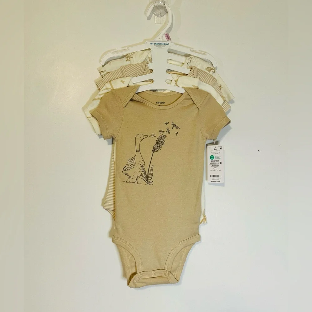 Carters Bodysuits 4 Piece Gender Neutral Colors Size‎ 9M Ducks Stripes Tan Beige